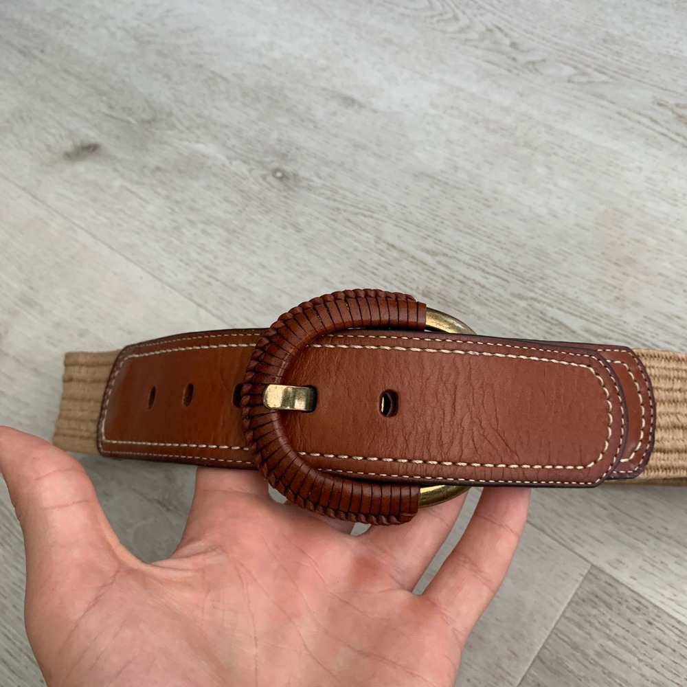 Fossil Womens Woven Stretch Belt Brown Leather Buckle Tan Straw BT3476200 Small